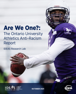 A picutre of the front of the report. On it is a masculine presenting Black football player. They are in a white helmet, a purple jersey, and are about to throw a football. To the left of the picutre it reads, 