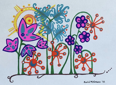 A painting of a garden with different types and colors of flowers. A yellow sun shins in the background. Painting by Rachel Mishenene, inspired by the Methodologies for Mutual Learning reserach project.